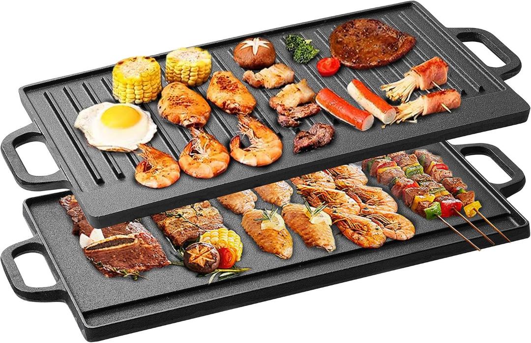 Vivicreate Cast Iron Griddle Skillet for Stove Top and Gas Grill – Flat Top Grill and Reversible Grill Griddle for Indoor or Camping Cooking  16.5"L x 9.25"W x 1"Th