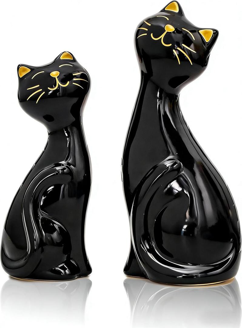 2pcs Black Cat Figurines and Statues for Home Decor - Black Cat Figurine for Cat Lovers