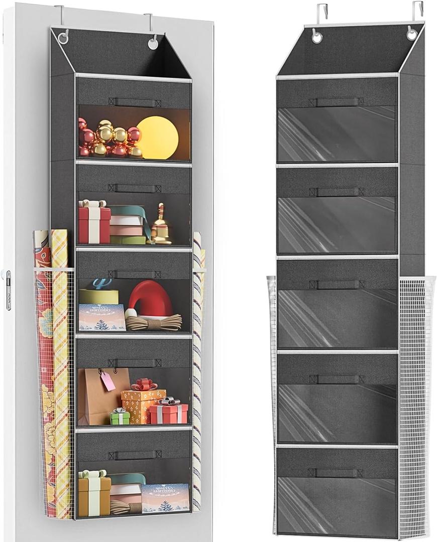 Ofiray-home Over Door Wrapping Paper Organizer Storage with 5 Removable Drawers & 2 Large Side Pockets for Gift Wrap Rolls Wrap Storage for Ribbons, Bows, Ornaments and Tools