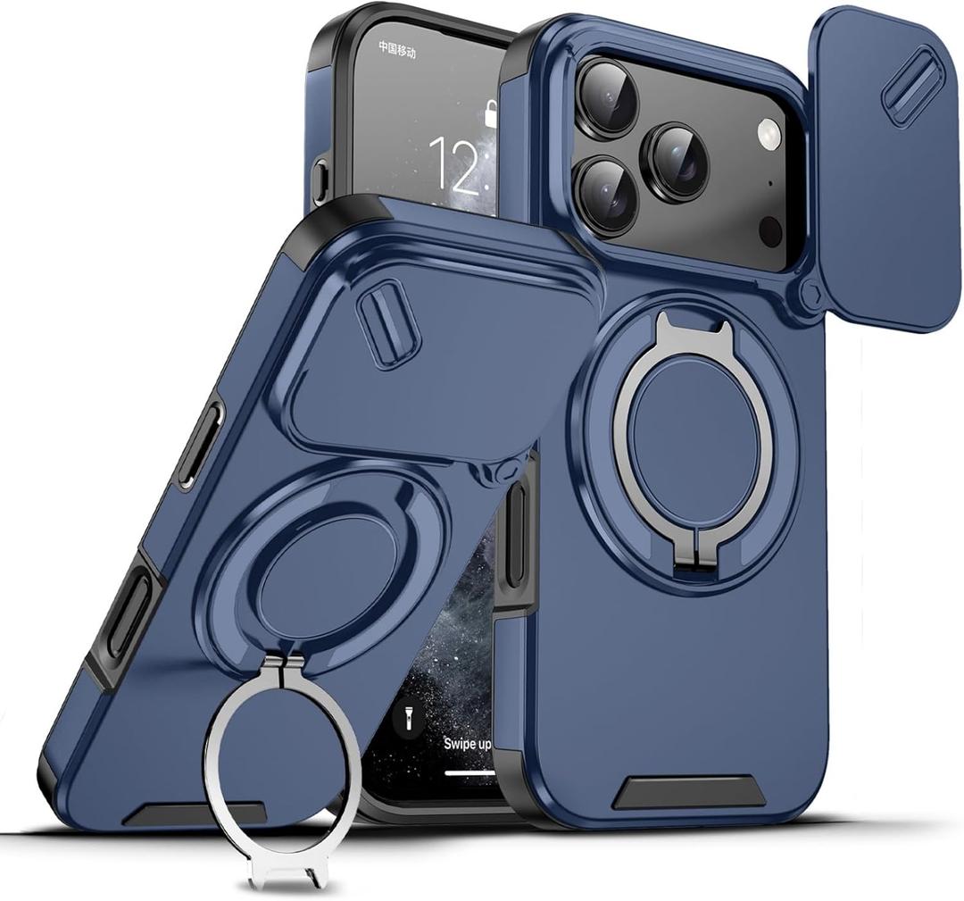for Apple 17 Pro Max Case with Slide Camera Cover, Military Grade Drop Protection Heavy Duty Shockproof with 360 Rotate Kickstand Case for iPhone 17 Pro Max.Slide Blue