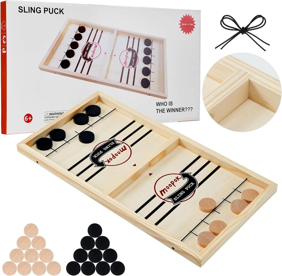 Fast Sling Puck Game - Fast Action Super Foosball Table Desktop Battle Slingshot Wooden Air Hockey Board Game - Fun for Family Game Night or Friends Party (Medium)