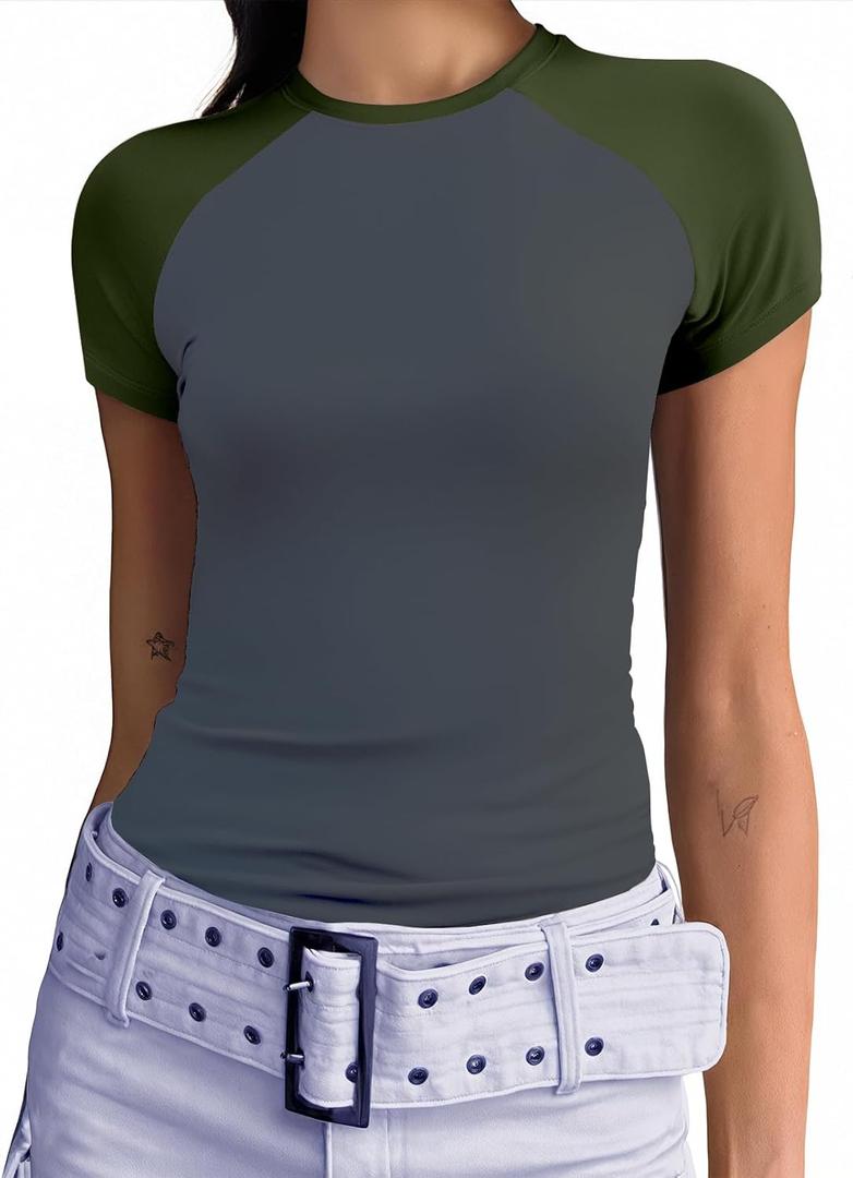 Abardsion Trendy Baby Tees for Women Y2K Shirts Cute Short Sleeve Crewneck Slim Fit Going Out Tops (X-Small, Dark Grey & Army Green-sleeve)