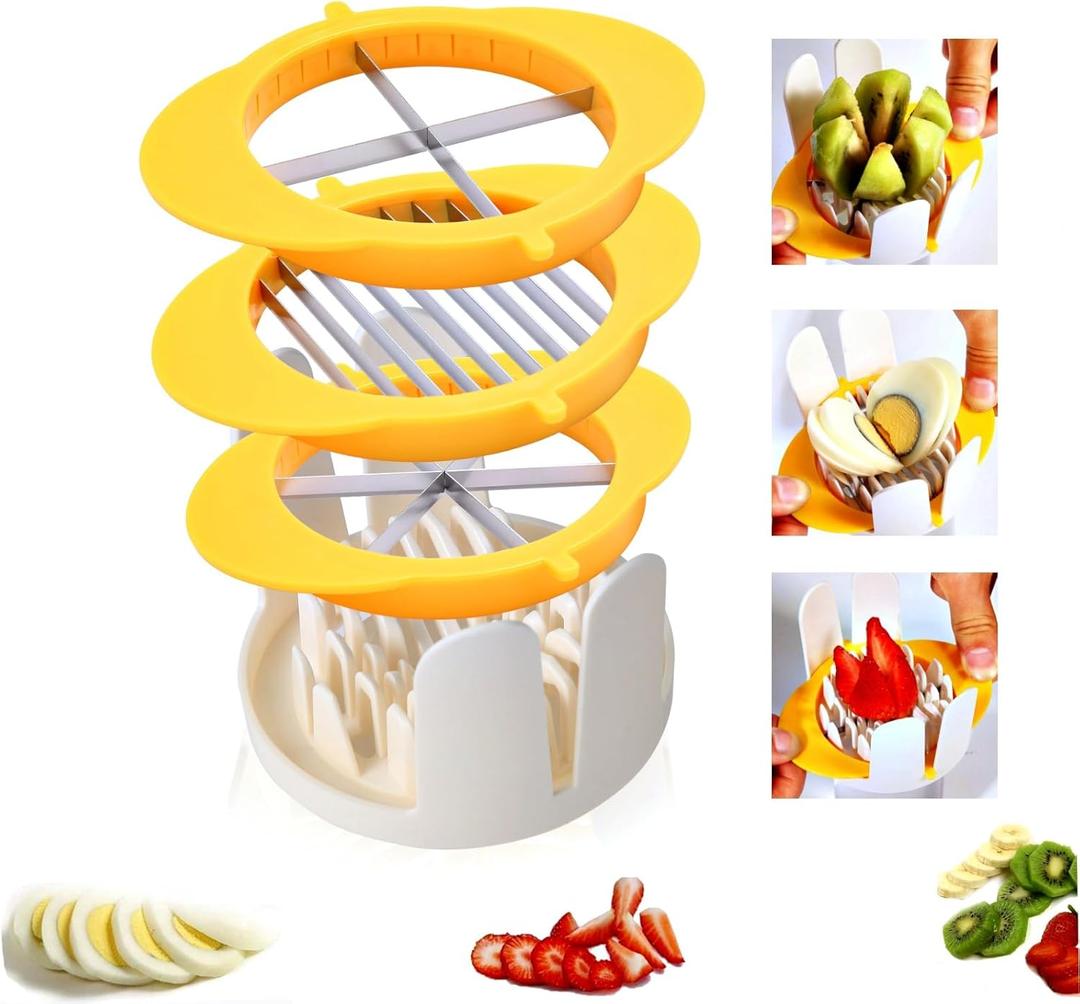 3-In-1 Egg Slicer with Blades, Stainless Steel Egg Cutter for Hard Boiled Eggs, Multi-purpose Food Slicer to Cut Fruits into Fourth Sixth or Slices, Heavy Duty Dishwasher Safe, Yellow