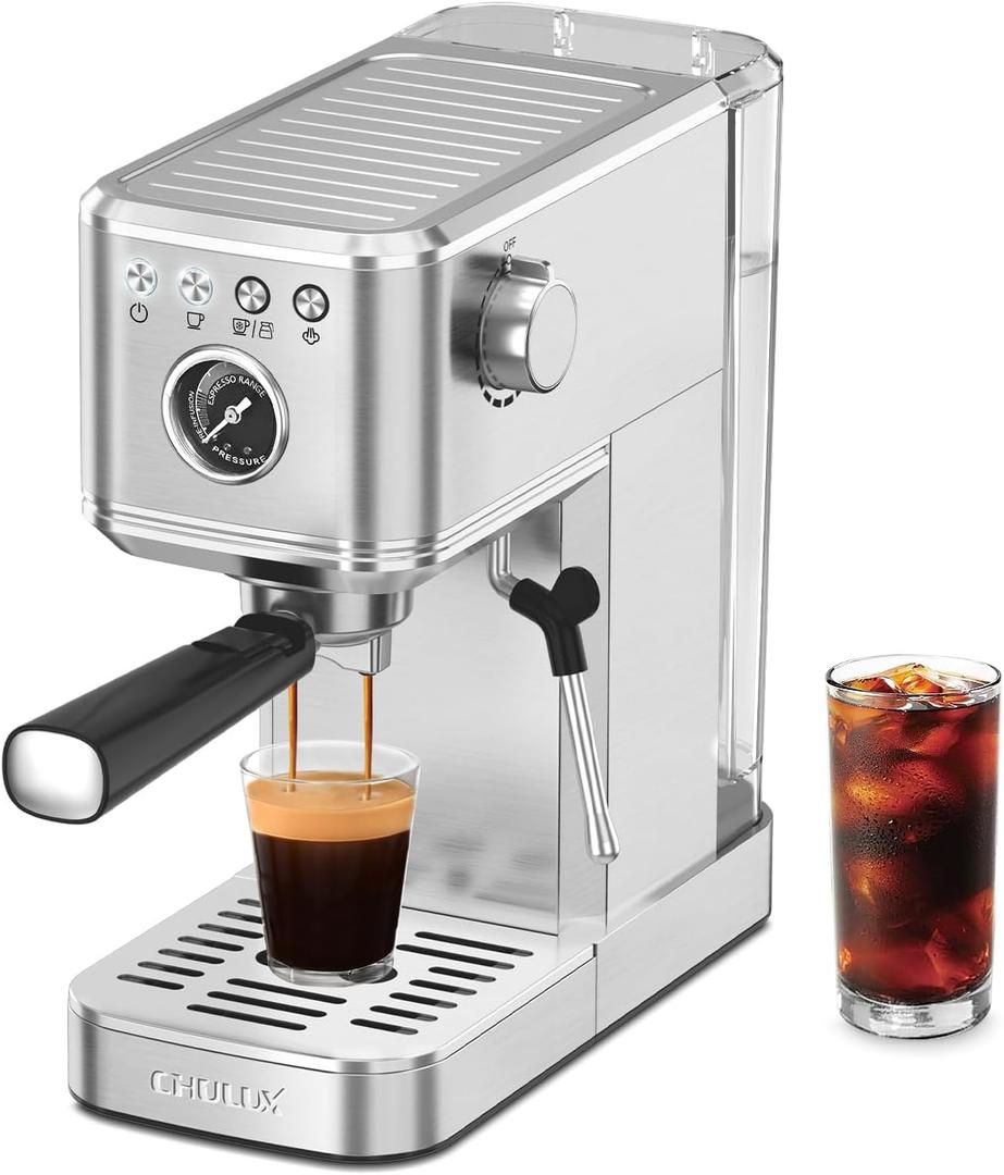 CHULUX Elite Espresso Machine 20 Bar, Compact Stainless Steel Hot and Ice Espresso Coffee Maker with Steam Wand for Americano, Latte, Cappuccino & Home Barista Brewing, Sliver