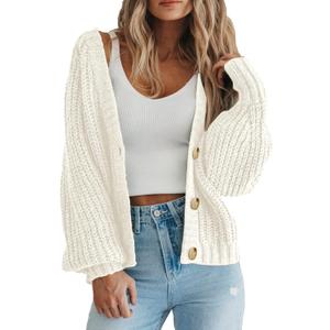 PRETTYGARDEN Women's Chunky Knit Open Front Sweater Long Sleeve Button Loose Short Cardigan Outerwear Coats (Large, White)
