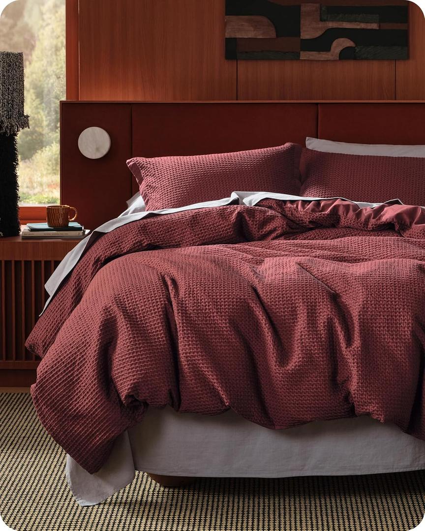 Bedsure Cotton Duvet Cover Queen - 100% Cotton Waffle Weave Maroon Red Duvet Cover Queen Size, PureWoven Breathable Bedding Set for All Season, 3 Pieces, 90"x90"