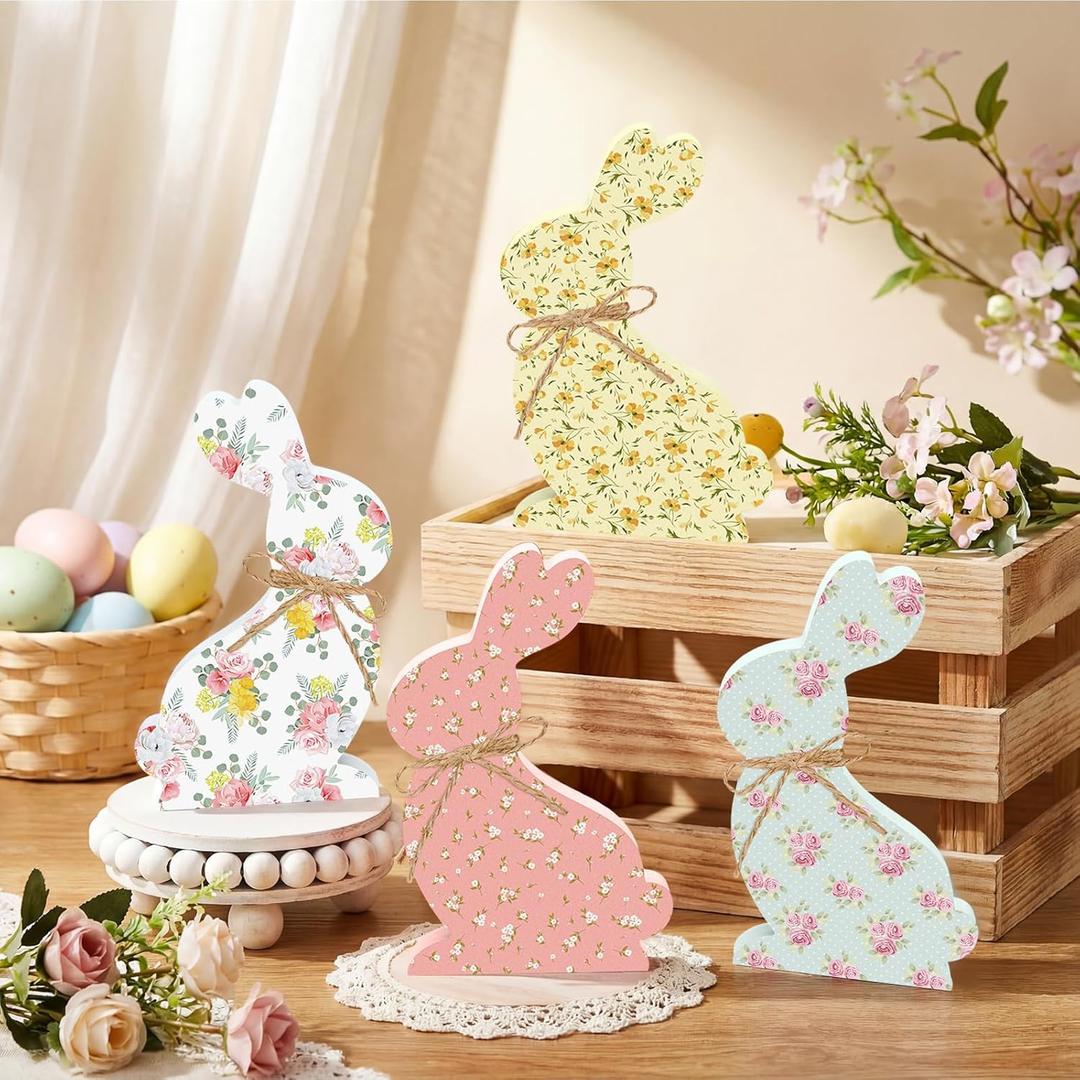Amyhill 4 Pcs Easter Bunny Table Decorations Easter Rabbit Tiered Tray Decor Floral Pastel Bunny Signs Wooden Table Signs Boho Rustic Spring Tabletop Centerpieces for Spring Office Dining Room Home