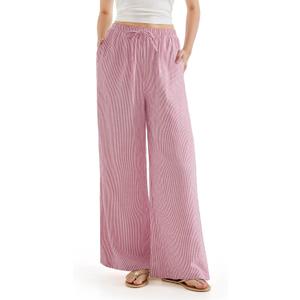 SUUKSESS Women Wide Leg Linen Pants with Pocket High Waisted Lounge Palazzo Pant (Large, Striped Crimson)