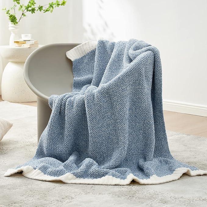Snuggle Sac Blue Throw Blankets for Couch, Reversible Super Soft Warm Blankets Cozy Knit Blanket Fuzzy Plush Throws for Sofa, Bed, Gift, Heather Blue, 66 x 90 inches