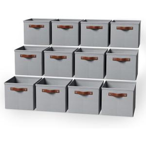 Storage Cubes - 13 Inch, Breathable Fabric Material, Durable Pu Handles - Collapsible Cube Storage Bins For Organizing Shelves, Closet, Toys, Books 12 Packs