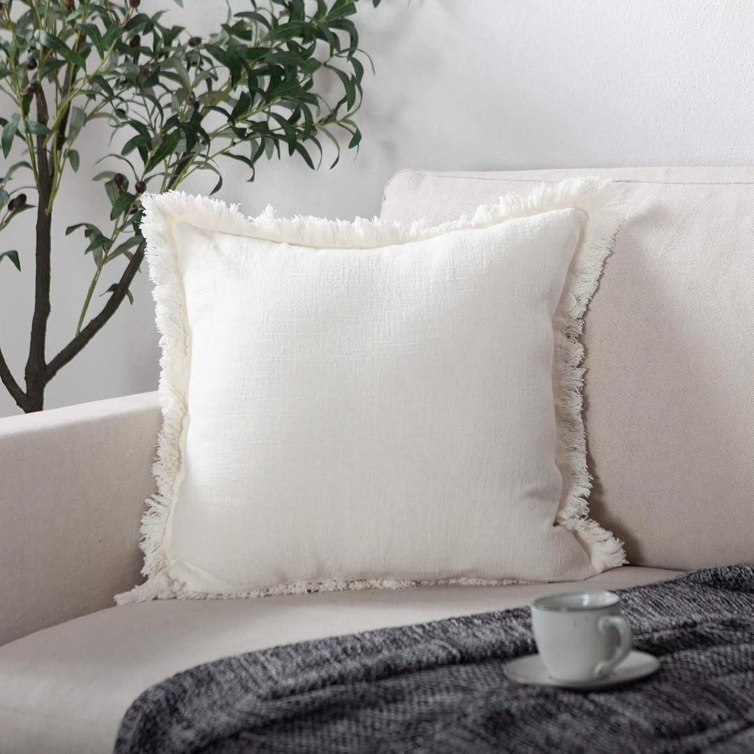 ATLINIA Linen Pillow Cover with Tassels 20 x 20 Off White Decorative Throw Pillow Cover for Couch Sofa Bed and Outdoor (Cream)
