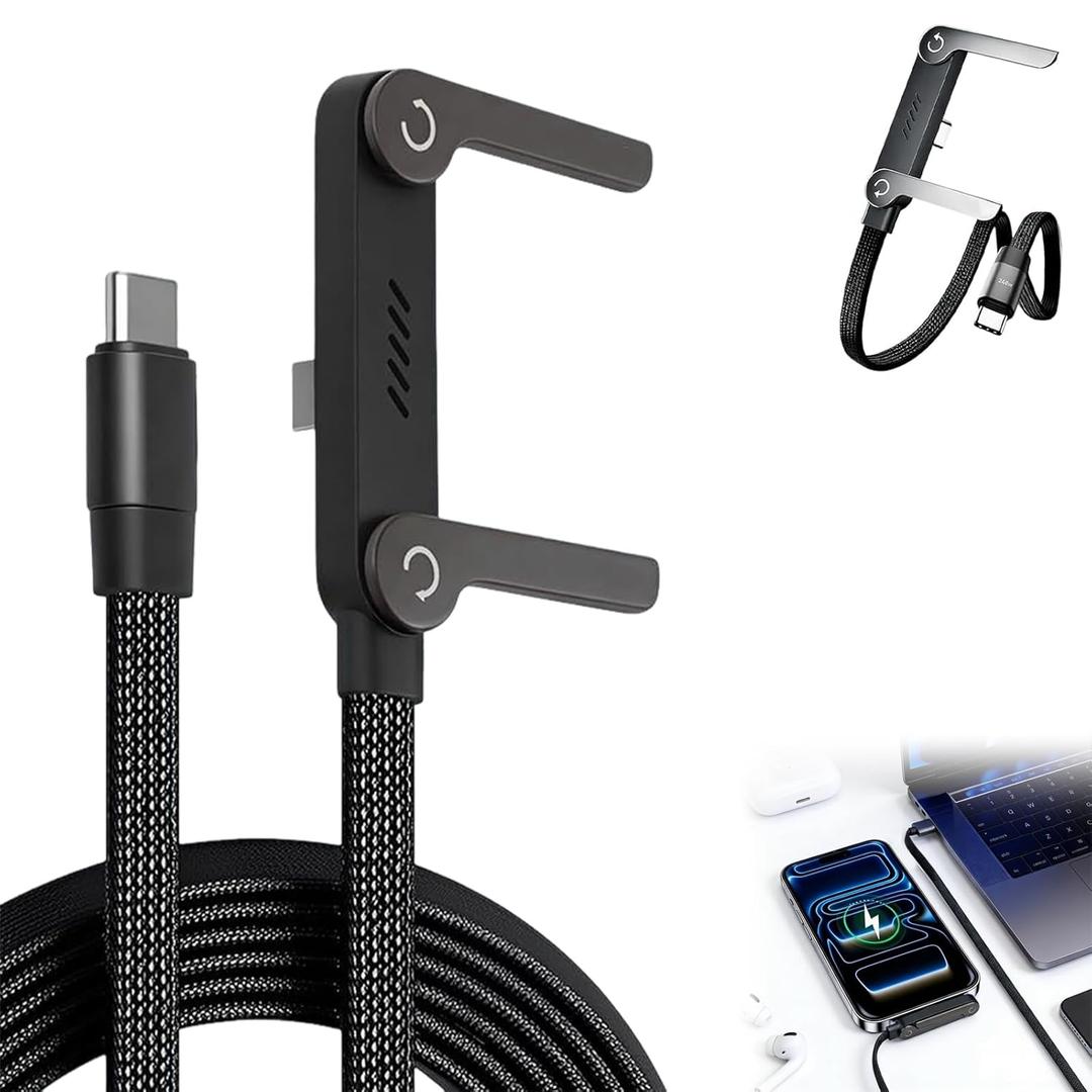 Sideways Charging Cable  2-in-1 Fast Charge Type-C Cord with Invisible Phone Stand, 240W Braided Foldable Holder Charger for Smartphones & Tablets