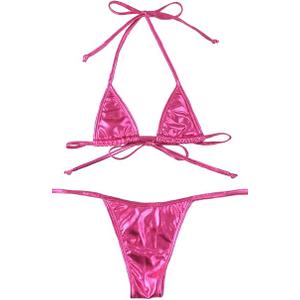 Relleciga Women's 2 Piece Bathing Suit Metallic Triangle Top Tie Side Thong Bikini Swimsuits (Pink) L