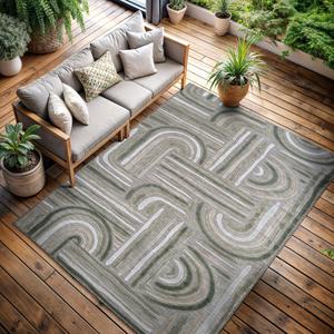 Indoor Outdoor Rug, Beige 6x9 Geometric Arch Striped Area Rugs for Patio and Home Areas, Easy-Cleaning Non-Shedding Living Room, Garden and Deck Washable Outside Carpet (6 x 9)