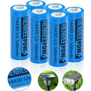 Henreepow LiFePo4 Battery 14430, 3.2v Rechargeable Solar Batteries, 500mAh LiFePo4 Battery for Outdoor Solar Garden Lights, Shaver, Flashlight, Toothbrush (6pack-Not AA Size)