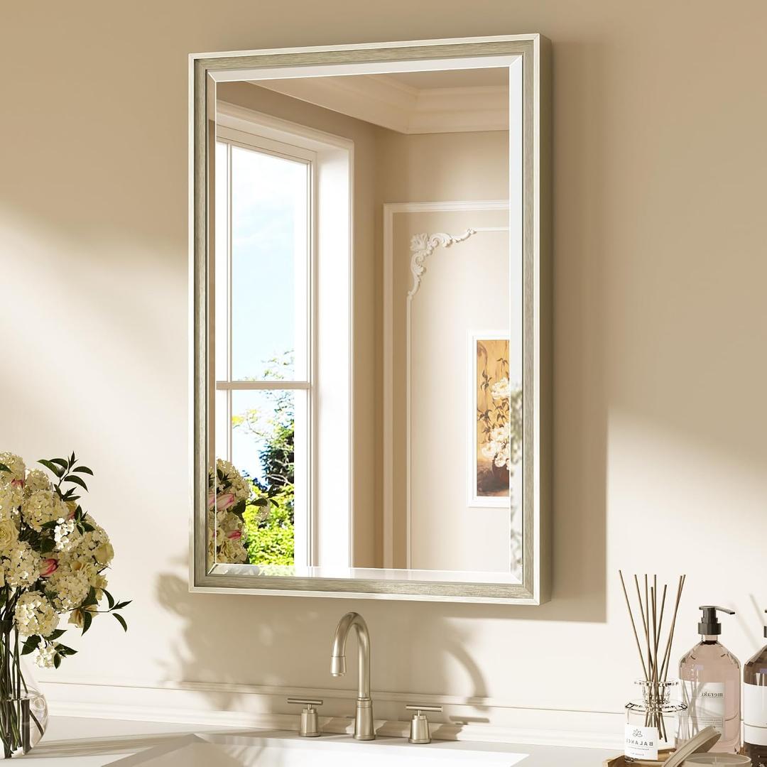 Keonjinn 20" x 30" Brushed Nickel Bathroom Mirrors for Over Sink, Silver Vanity Mirror for Wall, Thick Metal Framed, Beveled Edge Tempered Glass, Modern Farmhouse Rectangle Mirror for Bathroom Decor