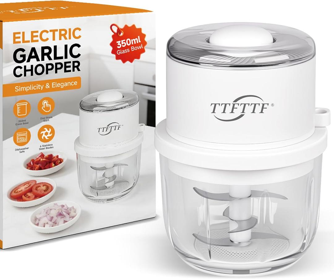 Electric Garlic Chopper, 350ML Glass Bowl Mini Food Processor, Portable Veggie Chopper Onion Garlic Grinder, Wireless Blender for Ginger, Chili, Fruit, Meat