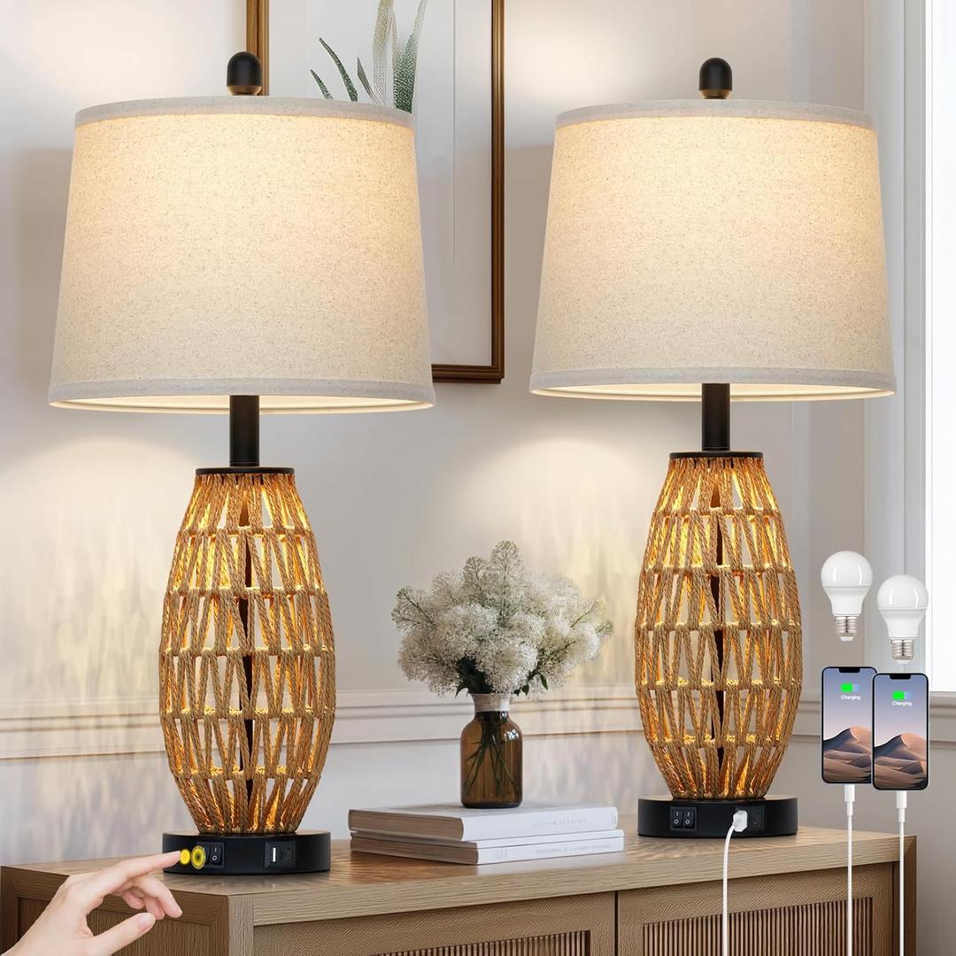 CINSARY 27" Rattan Table Lamps Set of 2, Boho Bedside Lamp for Bedroom with Night Light, Coastal Woven Wicker Nightstand Lamps with USB A+C Charging Port, Tall Farmhouse Living Room Lamp