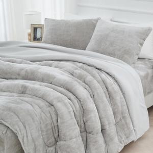 Faux Fur Comforter Set with Fitted Sheet - Luxury Ultra Soft Fluffy Fuzzy Queen Comforter Set, Cozy Warm Plush Bedding Comforter for Winter, 4 Pcs(1 Comforter +1 Fitted Sheet + 2 Pillowcases) (Light Grey)