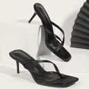 Women's Stiletto Heel Casual Flip Flops Satin Fashion Square Open Toe Backless Summer Slip On High Heel Dressy Thong Sandals Slide for Beach Daily Work (10, Black)