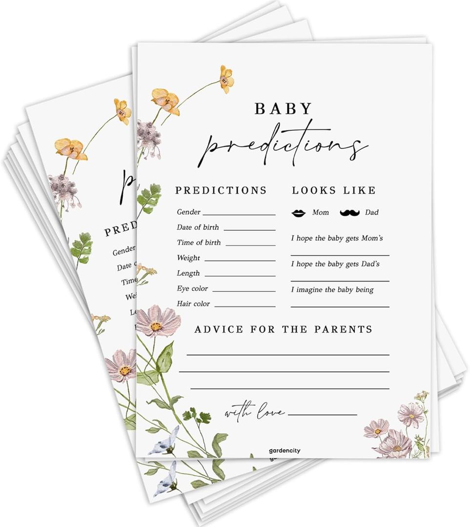 Baby Predictions and Advice Cards for New Parents, Fun Baby Shower Games for Boy or Girl, 50 Pack, Wildflower