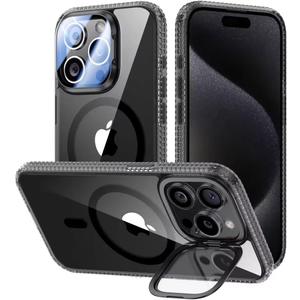 VOFATA [Upgraded] for iPhone 15 Pro Max Case with Camera Cover Stand [Fit for MagSafe][9H Camera Lens Protector] Mil-Grade Protection Transparent Magnetic iPhone 15 Pro Max Phone Case, Clear Black