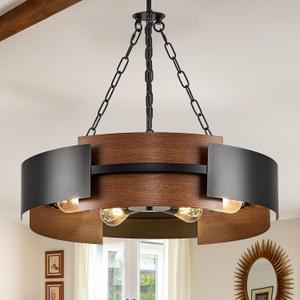 CATINER 24" Industrial Chandelier, Modern Hanging Fixture 6-Light Drum Pendant Light for Living Dining Room Foyer Entryway Kitchen, Black Metal with Red Walnut Grain Finish