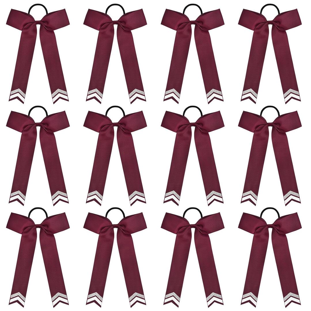 DEEKA 12PCS Collegiate Style Cheer Bows with Glitter Chevrons Tail Skinny College Cheerleader Ponytail Holder for Volleyball Softball Girls (Burgundy/Silver/White)