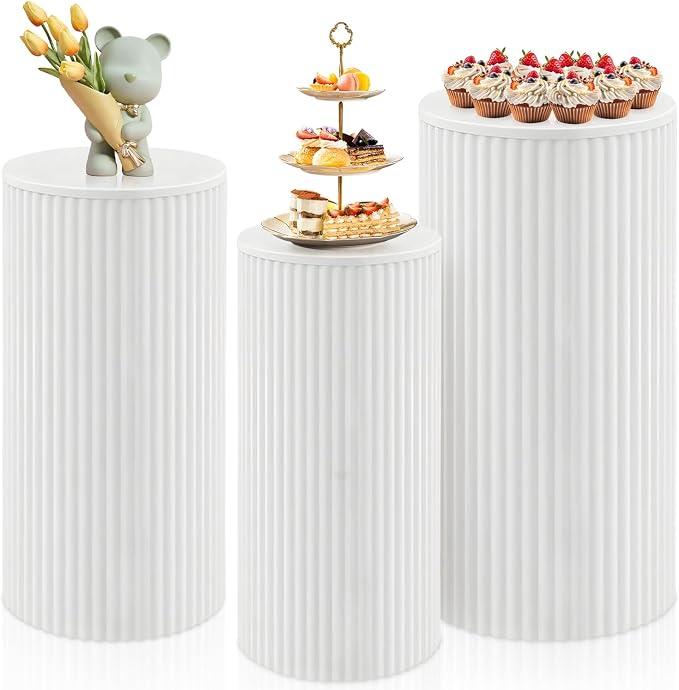 Cylinder Stands for Party, 3Pcs Metal Pleated Cylinder Pedestal Stand Heavy Duty White Cake Cilindros Para Fiestas Parties Round Cylinder Display Flower Plant Stand for Wedding Birthday Party Decor