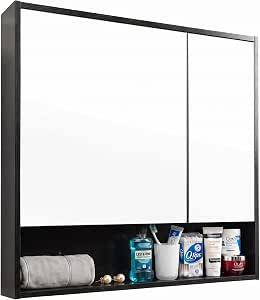 ALIMORDEN Medicine Cabinet with Mirror and Shelves, Oversized Bathroom Wall Storage Organizer Over The Vanity, Toilet, Recessed or Surface Mount, 30.4" L x 29.5" H, Black