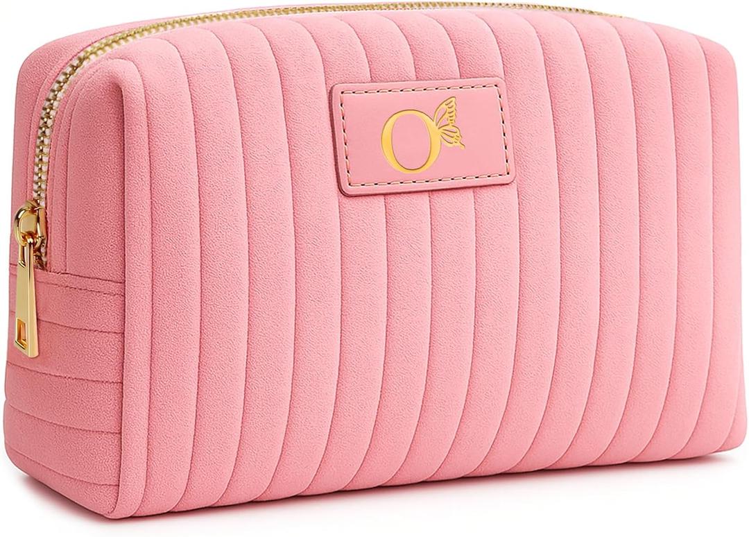 Monogrammed Make Up Bags for Women,Personalized Cosmetic Bags Women,Small Quilted Makeup Pouch,Cute Makeup Bag Travel,Birthday Gifts for Teen Girl (Pink O)