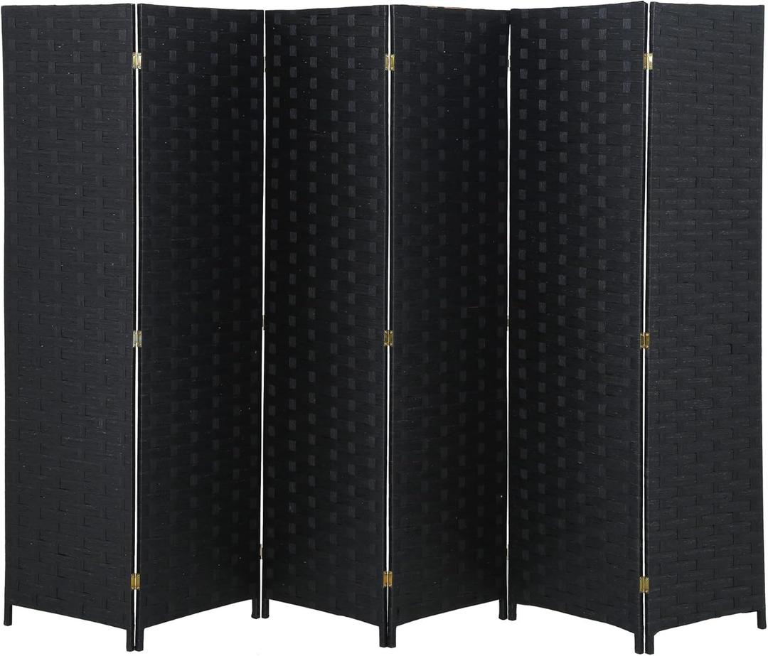 Room Divider Wood Screen 6 Panel Folding Portable Partition Screens Wooden Mesh Woven Design Room Screen Divider for Home Office (Black)