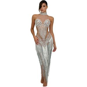 Women Club Sleeveless Prom Dress Pearls Crystals See Through Tassel Dress gig Event Latin Dance Dress, One Size