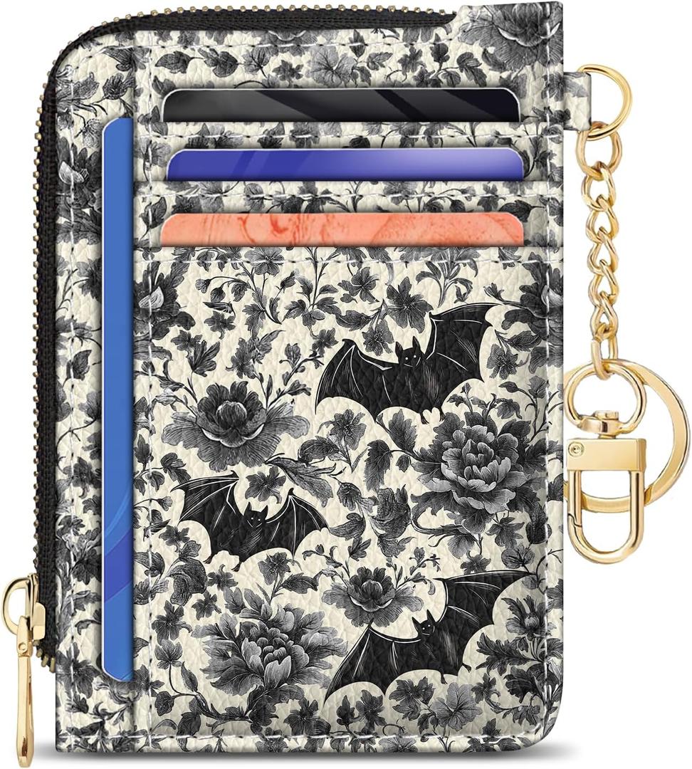 GIANCOMICS Slim Wallet Credit Card Holder Women, Goth Bat Rfid Blocking Small Card Case, Keychain Thin Pocket Curved Zipper Wallet, Travel Card Holder PU Leather ID Window, Ladies Female Gifts