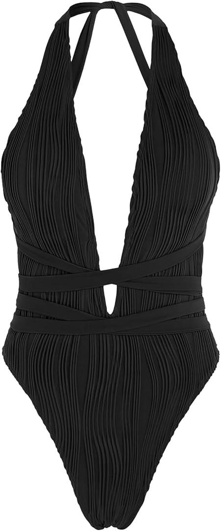 ZAFUL Women's One Piece Swimsuit Deep V Neck Ribbed Self Tie Sexy High Cut Bathing Suit Crisscross Back Swimwear (Black, Small)