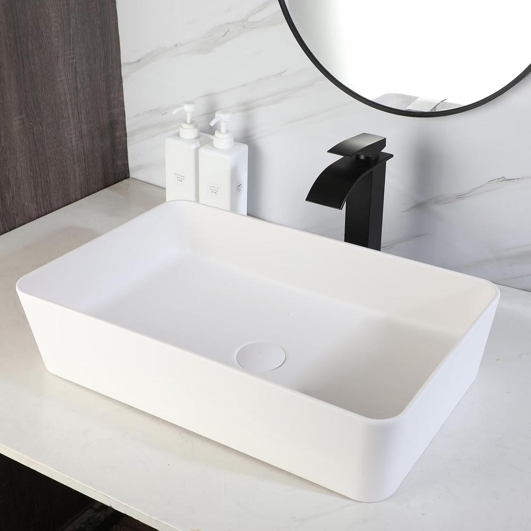 22 Inch Stone Resin Bathroom Sink with Pop-Up Drain Combo,Rectangular Vessel Sink Above Counter Modern Bathroom Vessel Sink Bowl (White)