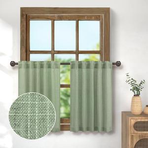 Sage Green Linen Kitchen Curtains for Small Window 36 Inch Length 2 Panels Back Tab Pocket Neutral Farmhouse Cafe Tier Semi Sheer Privacy Short Curtains for Bathroom Bedroom 3ft x 3 FT Long Light Sage