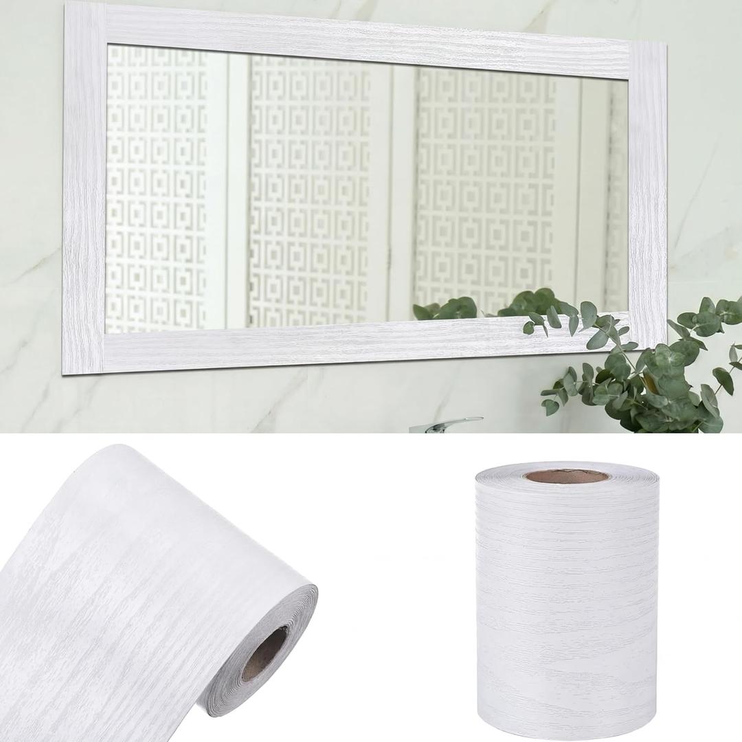 15m White Wood Grain Border Wall Decor Peel & Stick Removable PVC Waterproof Bathroom Mirror Frame Border Kitchen Sticker Trim 49 ft x 4"