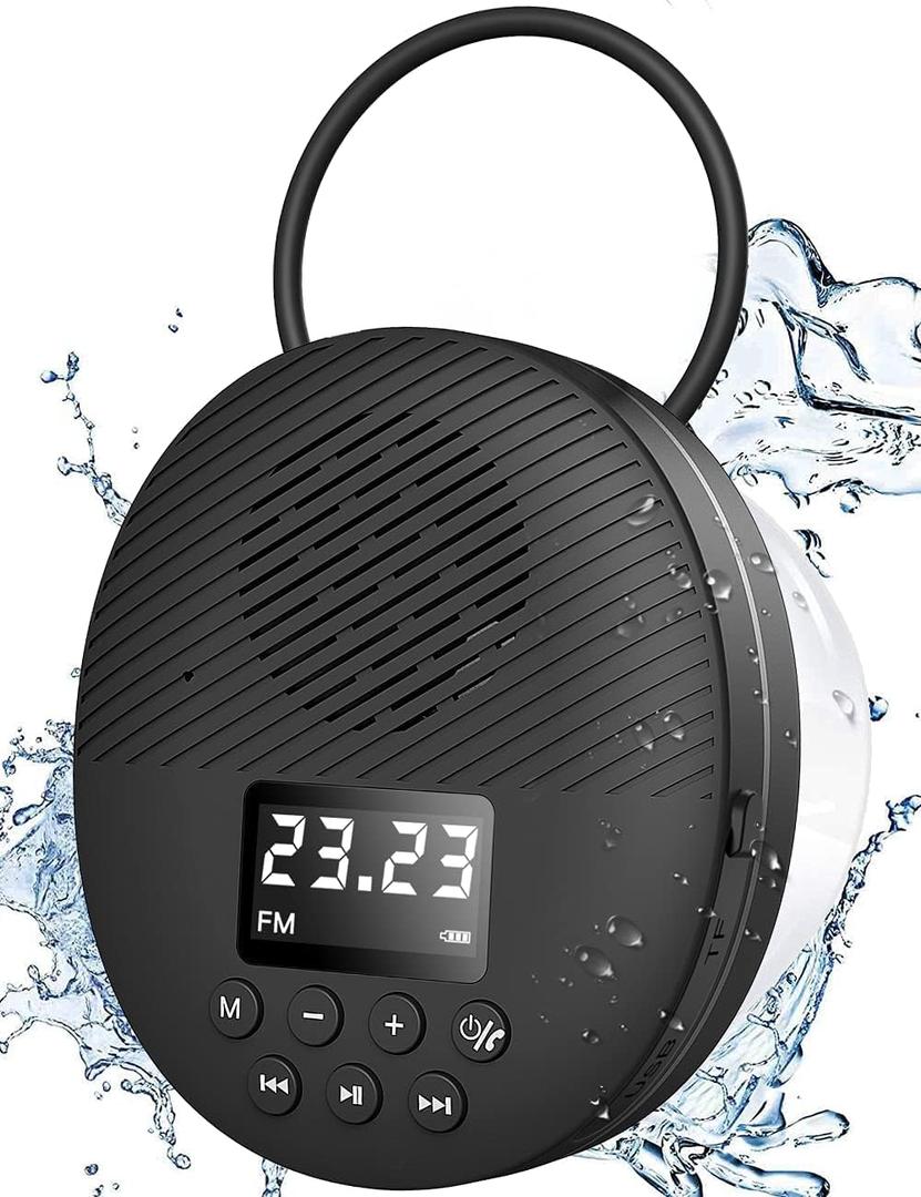 Shower Radio Speaker with Bluetooth 5.0, AGPTEK Waterproof Wireless Bathroom FM with Suction Cup 12H Long Playback Time, Lanyard, LCD Screen Display, Handsfree Calling, Storage Card Playback (Black)