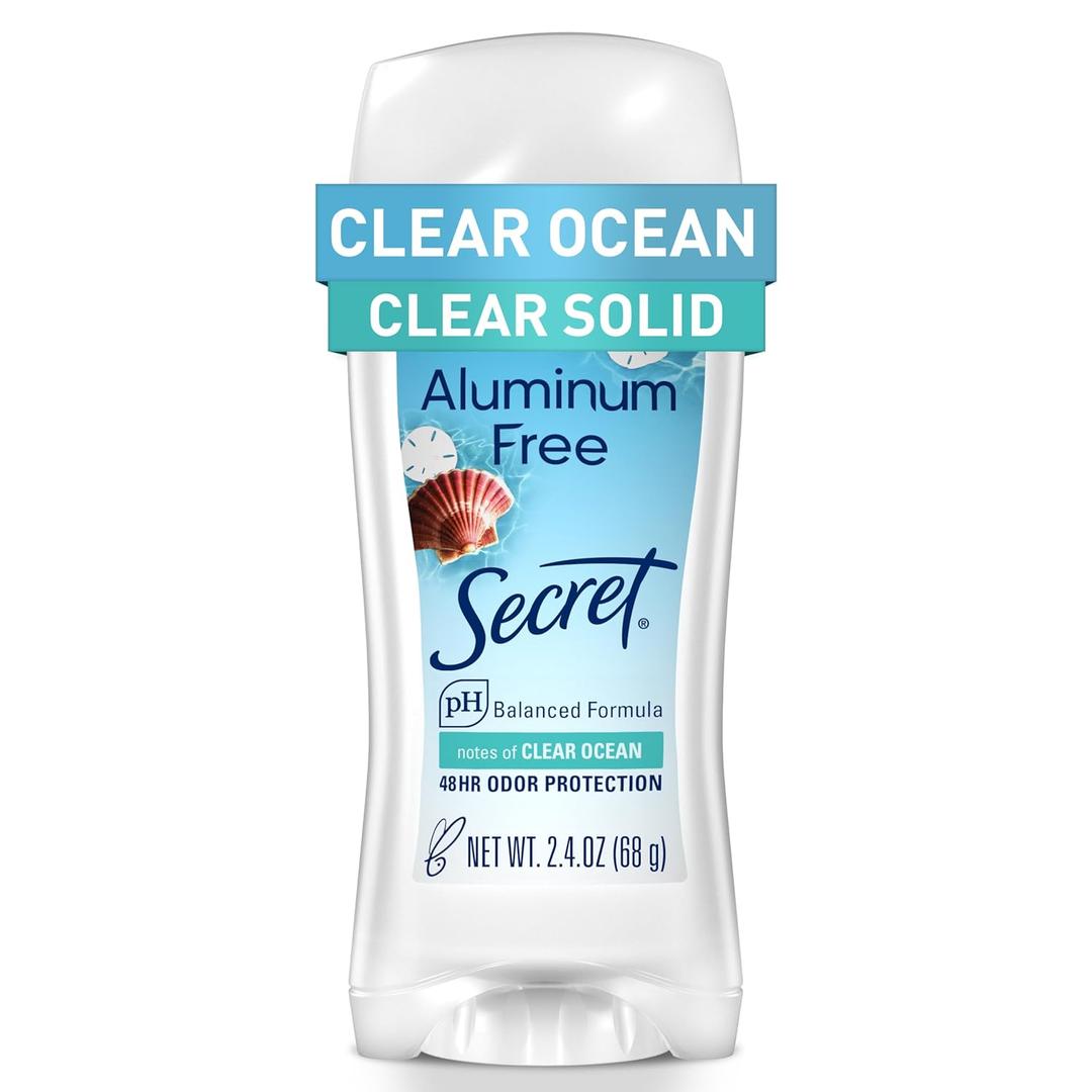 Secret Aluminum Free Deodorant for Women, 48hr Odor Protection, Free of Parabens Dyes Talc & Baking Soda, PH Balancing Minerals, Clear Solid, Clear Ocean Scent, 2.4 oz (2.4 Ounce (Pack of 1))