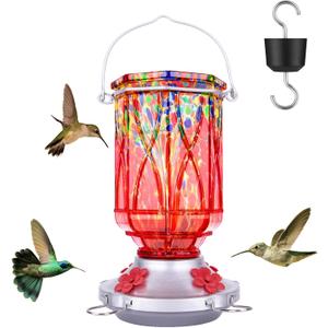 Hummingbird Feeders for Outdoors with Ant Moat, Hand Blown Glass Hummingbird Feeder, 4 Feeding Ports with Perch, Outdoor Garden Dcor, 15 OZ, Red, Gifts for Mom Wife Dad Men Women
