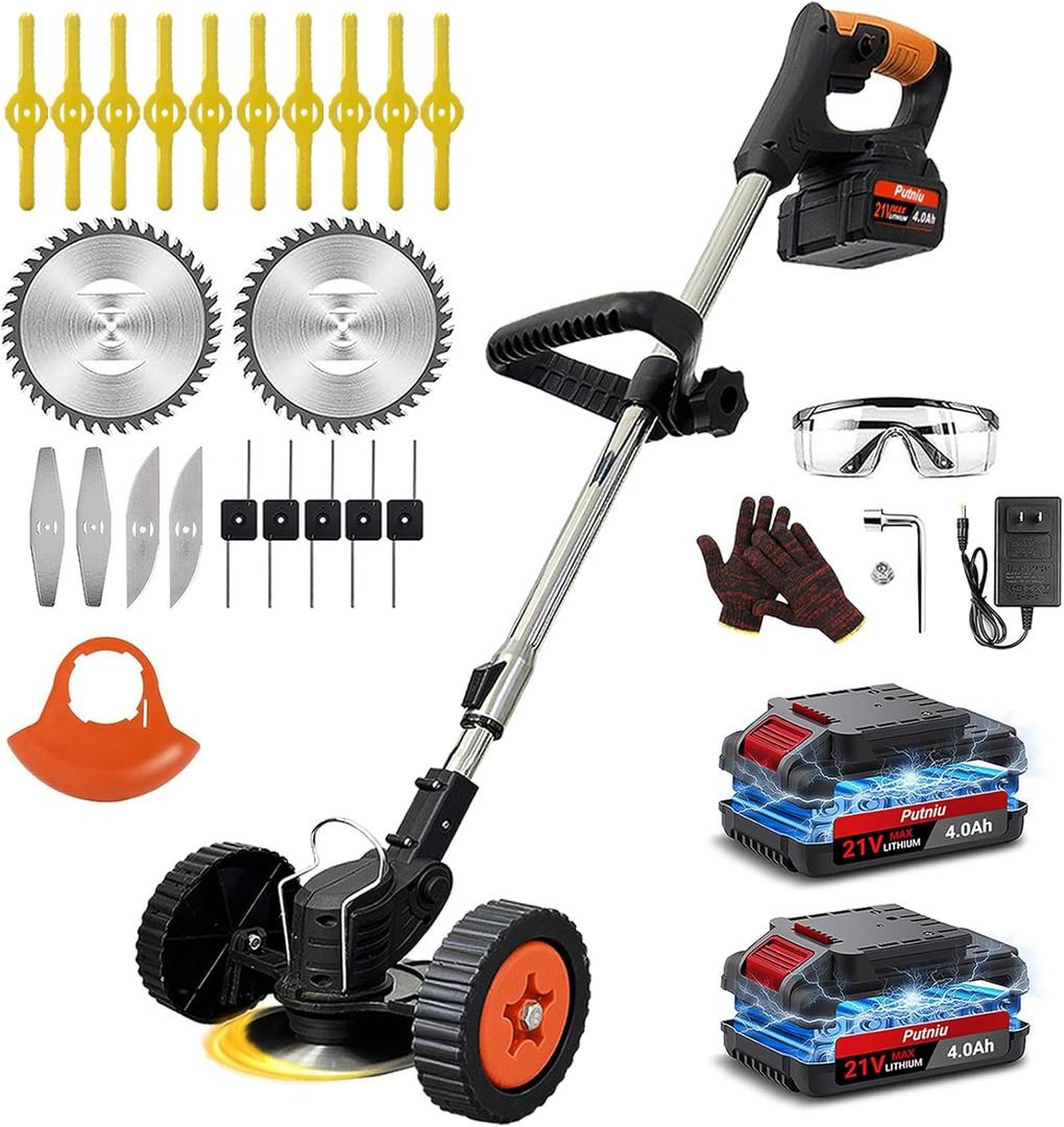 Cordless Electric Weed Wacker with Wheels, 3-in-1 Lightweight Weed Eater/Brush Cutter/Grass Trimmer Battery Powered, Includes 21V 24.0Ah Batteries, 5 Types Blade & Charger, for Lawn Yard Garden