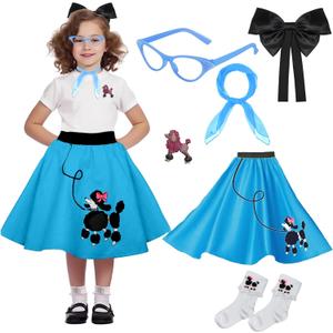 50s Girls Poodle Skirt Kids Sock Hop Outfit, Decades Day Costume - Grease Accessories Bobby Socks, Scarf & Glasses (Blue, 7-10 Yrs)