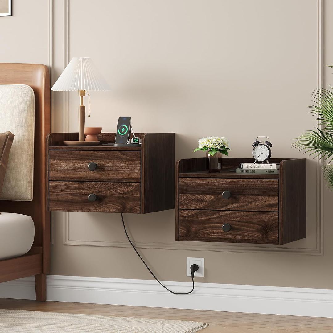 Floating Nightstand Set of 2 with 2 Storage Drawers and Charging Station Wood Wall Mounted Bedside End Table Modern Night Stands Set 2 for Bedroom,Small Space,Brown Walnut