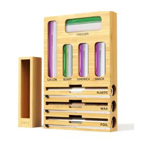 9 IN 1 Bamboo Foil and Plastic Wrap Organizer for Kitchen Drawer, Plastic Bag Organizer Organization and Storage, Food Storage Bag Organizer with Labels for Quart Gallon Snack Sandwich Bag