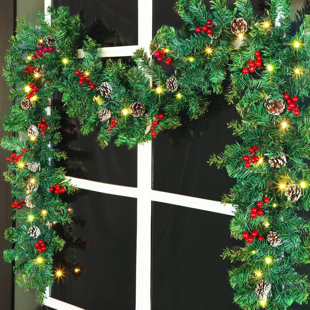9 Foot Christmas Lighted Garland, Battery Operated Christmas Garland with Lights, Pre Lit Garland Wreath for Indoor Home Winter Holiday New Year Xmas Decorations