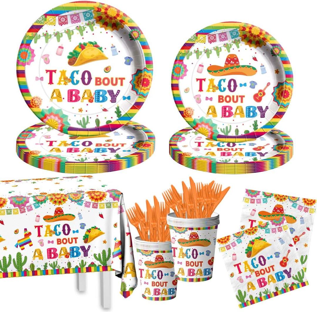 GREHUMOR Taco Bout a Baby Cactus Cowboy Hat Mexican Supplies - 141Pc Gender Reveal Party Decorations Set with Cup, Tablecloth, Plates and Napkins (White)