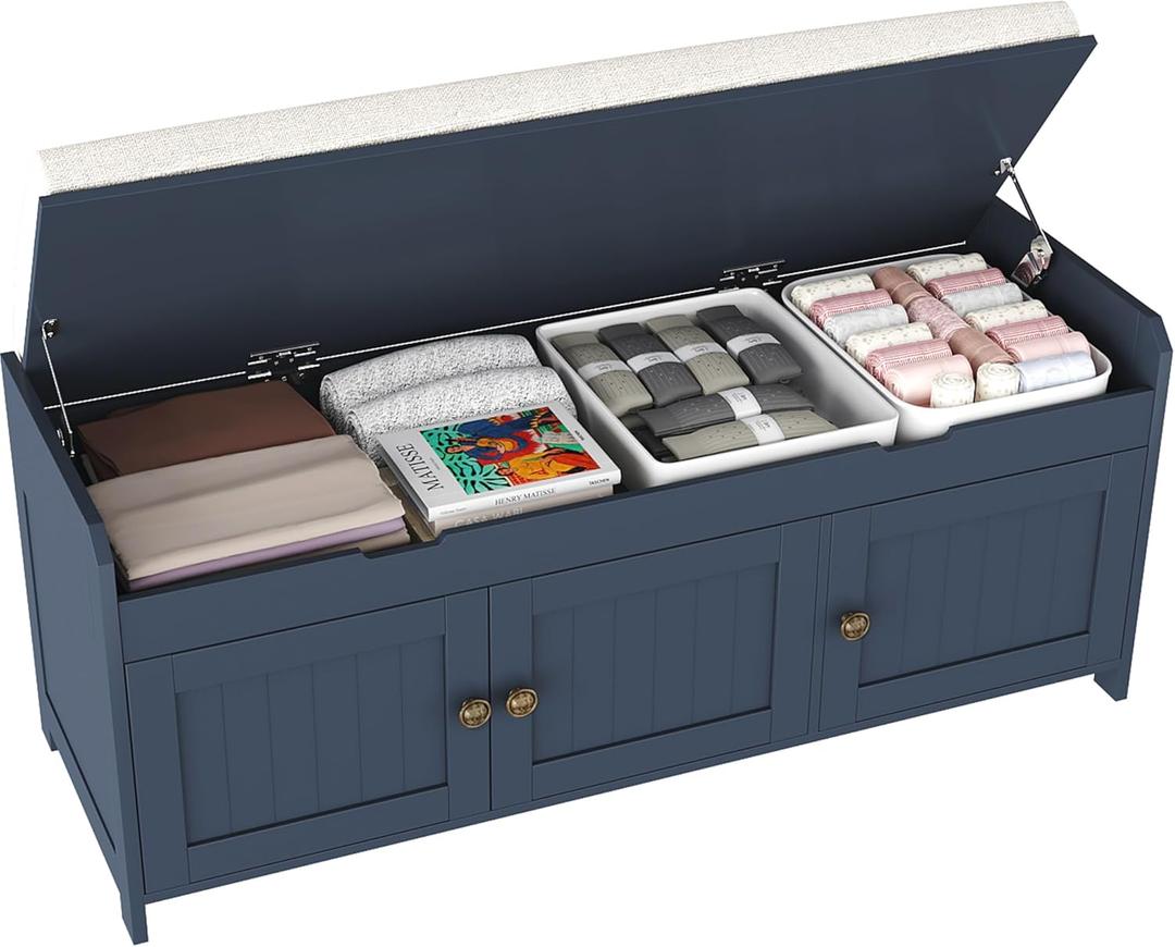 HOMEFORT 41.3" Shoe Bench with Lift Top Storage, Entryway Bench with Cushioned Seat, Wooden End of Bed Bench, Shoe Cabinet Bench with Hidden Storage Space, for Bedroom, Hallway,Blue, 41.3"Wx14.9"D x18.1"H