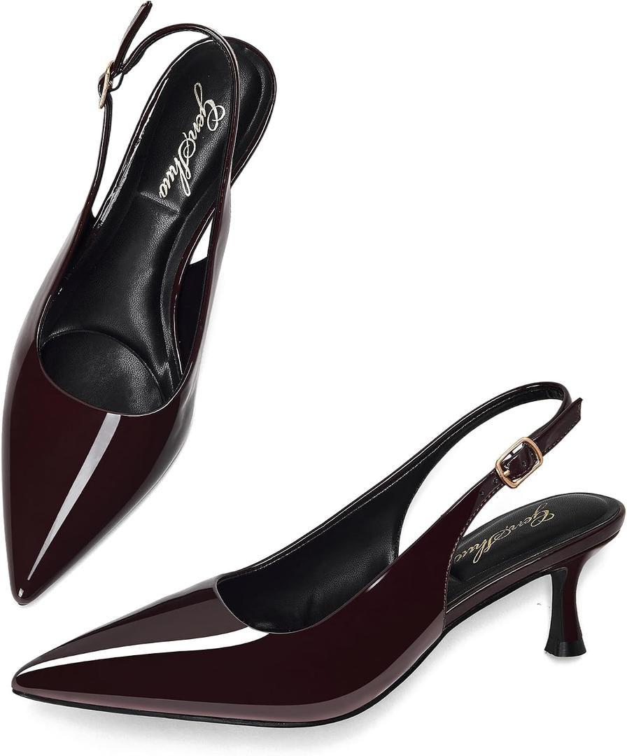 GENSHUO Kitten Heel Slingback Closed Pointed Toe Low Heels Pumps Women 2 Inch Short Strap Dressy Comfortable Wedding Dating Work Shoes, Size: 9