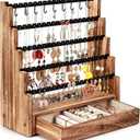 Pinzoveco Earring Organizer, 5 Layer Earring Holder Organizer with Necklace Holder Pole, Rustic Wood Jewelry Organizer Stand Display for Stud Earring Bracelet Necklace Ring, 175 Earring Holes